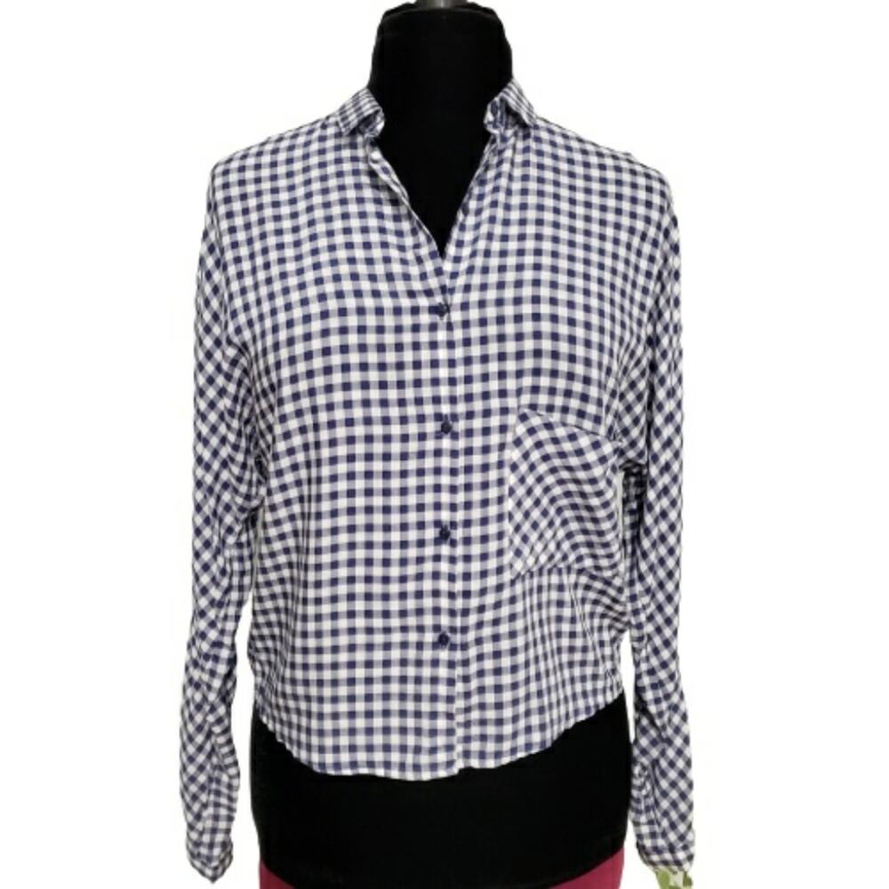 Zara Trafaluc Top Blue and White Gingham Checkered Long Dolman Sleeve Blouse S